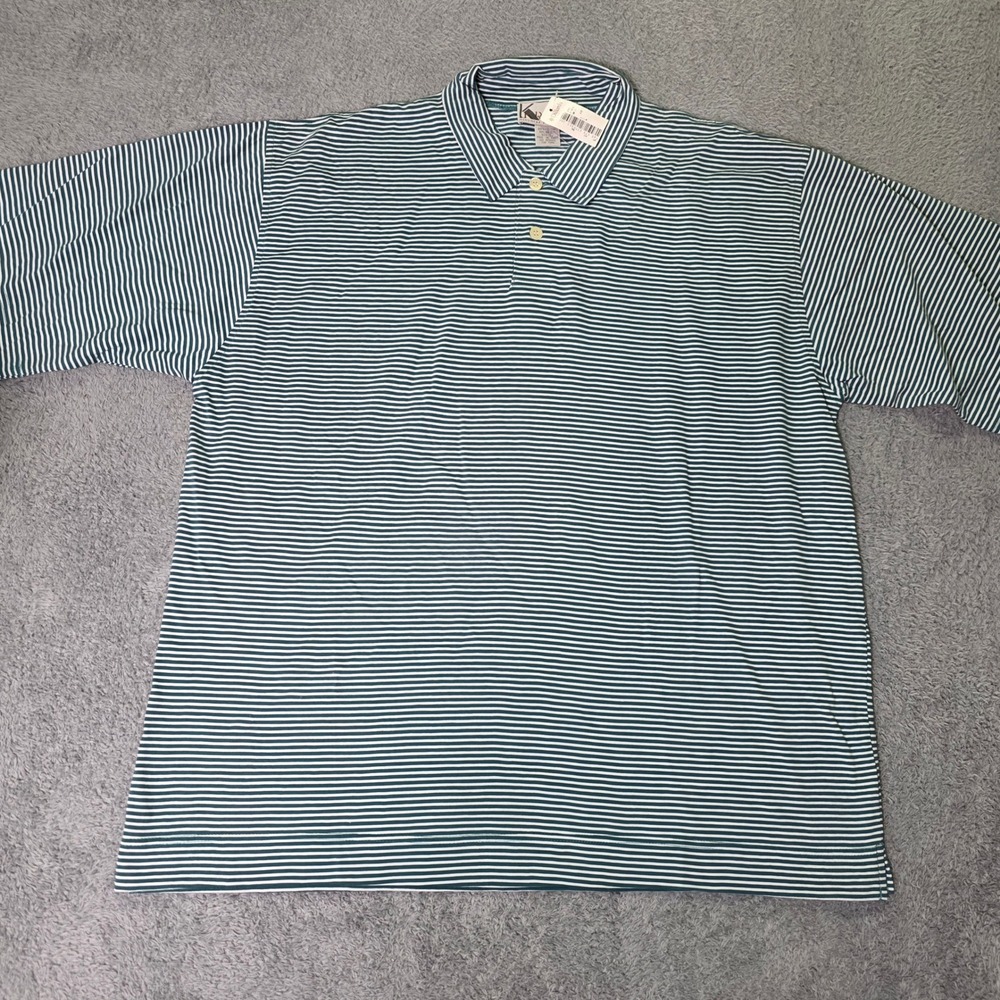 Krizia Mens Large Polo Shirt Teal White Striped Short Sleeve Cotton Vintage